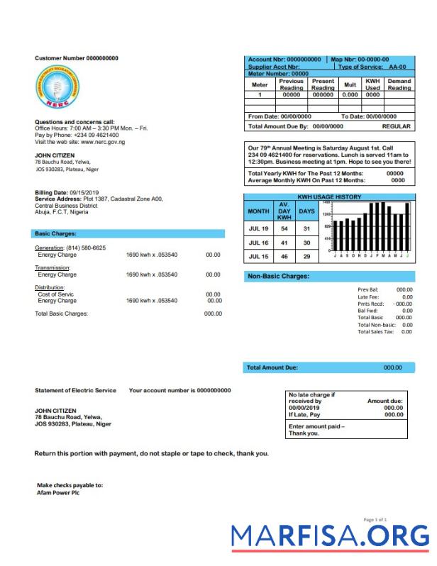 Printable Nigeria Nigerian Electricity Regulatory Commission electricity utility bill template in Word and PDF format